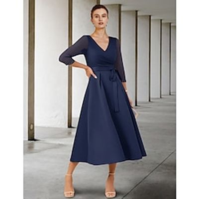 A-Line Mother of the Bride Dress Wedding Guest Elegant Petite V Neck Tea Length Stretch Chiffon 34 Length Sleeve with Bow(s) Crystals Ruching 2023 Lightinthebox A-Line Mother of the Bride Dress Wedding Guest Elegant Petite V Neck Tea Length Stretch Chiffon 34 Length Sleeve with Bow(s) Crystals Ruching 2023 Lightinthebox