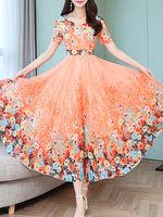 Round Neck Floral Printed Maxi Dress - thumbnail