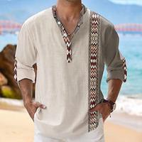 Lines / Waves Tribal Bandana Print Tribal Men's Shirt Linen Shirt Daily Wear Vacation Going out Spring Fall Stand Collar Long Sleeve White, Khaki, Gray S, M, L Slub Fabric Shirt Lightinthebox