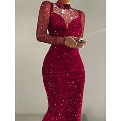 Women's Party Dress Wedding Guest Dress Bodycon Midi Dress Wine Long Sleeve Pure Color Patchwork Spring Fall Winter Stand Collar Fashion Winter Dress Wedding Guest Evening Party 2023 S M L XL Lightinthebox