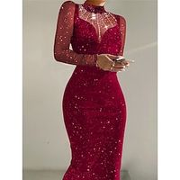 Women's Party Dress Wedding Guest Dress Bodycon Midi Dress Wine Long Sleeve Pure Color Patchwork Spring Fall Winter Stand Collar Fashion Winter Dress Wedding Guest Evening Party 2023 S M L XL Lightinthebox - thumbnail
