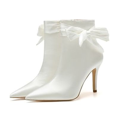 Women's Wedding Shoes Boots Dress Shoes White Shoes Wedding Party Daily Solid Color Booties Ankle Boots Bridal Shoes Winter Bowknot Stiletto Heel Pointed Toe Fashion Minimalism Satin Zipper White miniinthebox