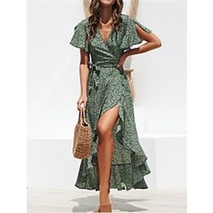 Women's Casual Dress Swing Dress Polka Dot Lace up Ruffle V Neck Long Dress Maxi Dress Streetwear A Line Street Holiday Short Sleeve Loose Fit Black Yellow Red Summer S M L XL 2XL Lightinthebox