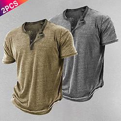 Multi Packs 2pcs Men's Henley Short Sleeves BrownBlue T shirt Tee Henley Shirt Tee Top Plain Daily Wear Vacation Polyester Spring Summer Lightinthebox