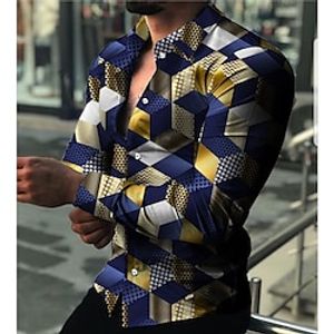 Men's Shirt Graphic Shirt Geometric Argyle Turndown Blue 3D Print Daily Holiday Long Sleeve 3D Print Button-Down Clothing Apparel Fashion Designer Casual Breathable Lightinthebox