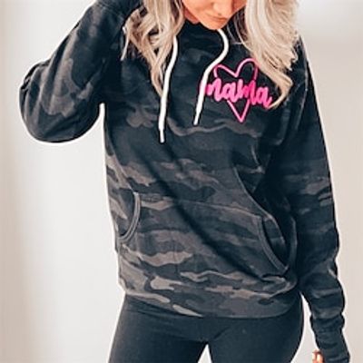 Women's Hoodie Sweatshirt Pullover Letter Camouflage Active Sportswear Print Drawstring Front Pocket Gray Casual Sports Hoodie Long Sleeve Top Micro-elastic Fall  Winter Lightinthebox