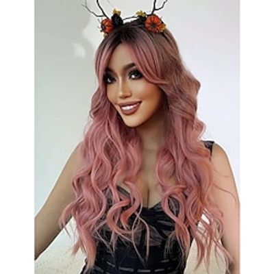 Water Wave Wigs With Bangs Ombre Pink Wigs Long Natural Body Wave Wavy Wigs 30 Inch Heat Resistant Fiber Synthetic Replacement Wigs For Women Daily Used Halloween Christmas Party miniinthebox