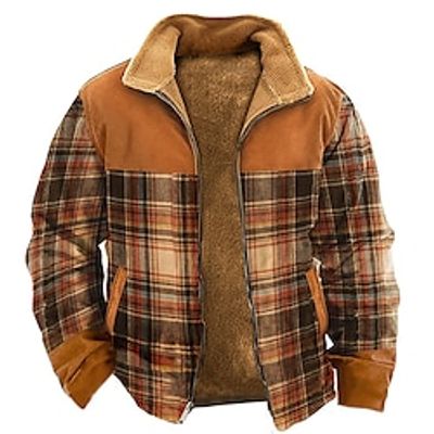 Graphic Plaid Men's Daily Zip Sweatshirt Holiday Vacation Going out Sweatshirts Blue Brown Stand Collar Print Pocket Fleece Fall  Winter Designer Hoodie Sweatshirt Lightinthebox