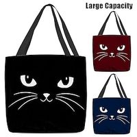 Women's Tote Shoulder Bag Canvas Tote Bag Polyester Outdoor Shopping Daily Print Large Capacity Foldable Lightweight Cat Character Wine Black Blue miniinthebox - thumbnail