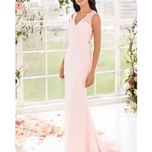 Mermaid  Trumpet Bridesmaid Dress V Neck Sleeveless Elegant Floor Length Chiffon  Lace with 2022 Lightinthebox
