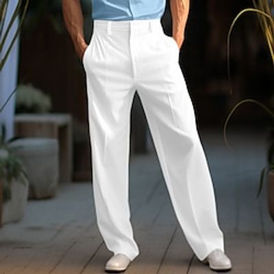 Men's Linen Pants Trousers Summer Pants Beach Pants Front Pocket Straight Leg Plain Comfort Breathable Formal Business Daily Linen Cotton Blend Fashion Basic White Blue Lightinthebox