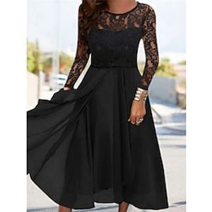 Women's Black Dress Casual Dress Lace Dress Midi Dress Lace Ruffle Street Holiday Date Streetwear A Line Crew Neck Long Sleeve Loose Fit Black Color S M L XL XXL Size Lightinthebox