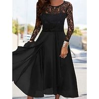 Women's Black Dress Casual Dress Lace Dress Midi Dress Lace Ruffle Street Holiday Date Streetwear A Line Crew Neck Long Sleeve Loose Fit Black Color S M L XL XXL Size Lightinthebox - thumbnail
