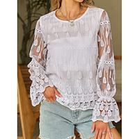 Shirt Blouse Women's White Plain Lace Street Daily Fashion Round Neck Regular Fit S Lightinthebox