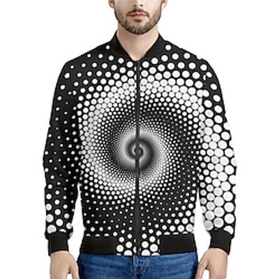 Optical Illusion Abstract Men's Bomber Jacket Coat Sports  Outdoor Daily Wear Going out Fall  Winter Standing Collar Long Sleeve Black White Orange S M L Polyester Denim Weaving Jacket Lightinthebox