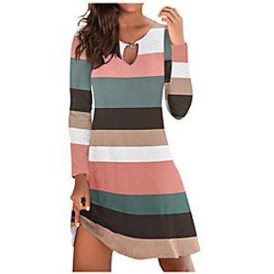 Women's A Line Dress Short Mini Dress Green Light Blue Long Sleeve Striped Print Fall Round Neck Casual 2021 S M L XL XXL 3XL Lightinthebox