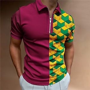 Men's Collar Polo Shirt Golf Shirt Color Block Turndown Wine 3D Print Casual Daily Short Sleeve Zipper Clothing Apparel Sports Fashion Casual Comfortable Lightinthebox