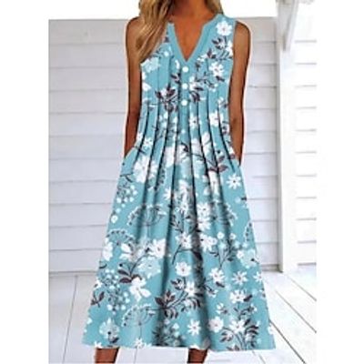 Women's A Line Dress Midi Dress Light Blue Sleeveless Floral Print Summer V Neck Elegant Casual 2022 S M L XL XXL 3XL Lightinthebox Women's A Line Dress Midi Dress Light Blue Sleeveless Floral Print Summer V Neck Elegant Casual 2022 S M L XL XXL 3XL Lightinthebox