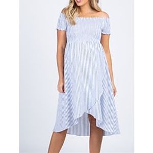 Women's Maternity Dress Casual Dress Summer Dress Stripe Midi Dress Short Sleeve Plus High Low Print Off Shoulder Fashion Outdoor Blue Summer Spring S M L XL Lightinthebox