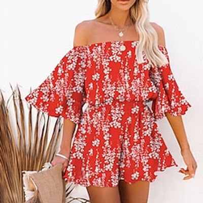 Women's Romper Ruffle Print Floral Off Shoulder Casual Street Daily Regular Fit Half Sleeve White Yellow Red S M L Spring Lightinthebox Women's Romper Ruffle Print Floral Off Shoulder Casual Street Daily Regular Fit Half Sleeve White Yellow Red S M L Spring Lightinthebox