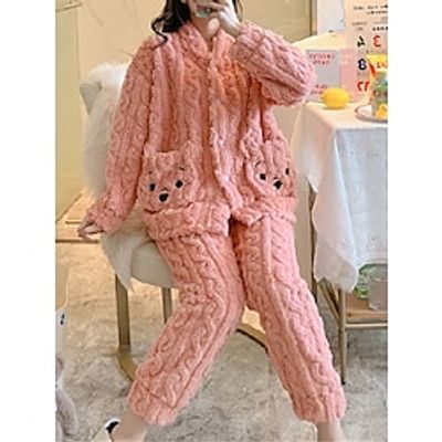 Women's Fleece Fluffy Fuzzy Warm Pajamas Sets Animal Warm Casual Comfort Home Bed Flannel Warm Breathable V Wire Long Sleeve Shirt Pant Button Pocket Fall Winter White Yellow miniinthebox