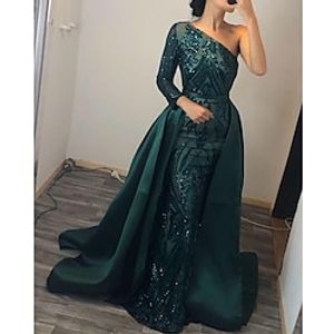 Mermaid  Trumpet Evening Gown Elegant Dress Formal Wedding Court Train Long Sleeve One Shoulder Detachable Satin with Sequin 2023 Lightinthebox