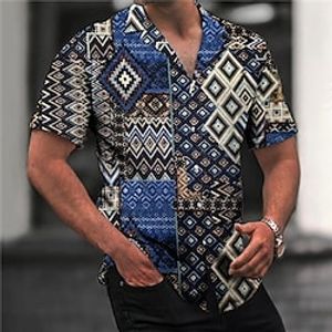 Men's Shirt Print Color Block Geometry Turndown Street Casual Button-Down Print Short Sleeve Tops Casual Fashion Designer Breathable Blue / Spring / Summer miniinthebox