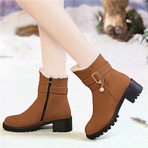 Women's Boots Snow Boots Winter Boots Party Outdoor Daily Fleece Lined Mid Calf Boots Booties Ankle Boots Rhinestone Buckle Block Heel Round Toe Vacation Vintage Fashion Faux Leather Faux Fur Zipper miniinthebox