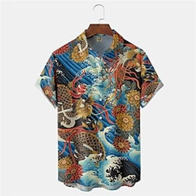 Men's Shirt Summer Hawaiian Shirt Dragon Graphic Prints Waves Turndown Blue Outdoor Street Short Sleeves Button-Down Print Clothing Apparel Tropical Fashion Hawaiian Designer miniinthebox