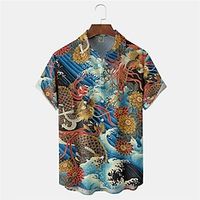 Men's Shirt Summer Hawaiian Shirt Dragon Graphic Prints Waves Turndown Blue Outdoor Street Short Sleeves Button-Down Print Clothing Apparel Tropical Fashion Hawaiian Designer miniinthebox - thumbnail