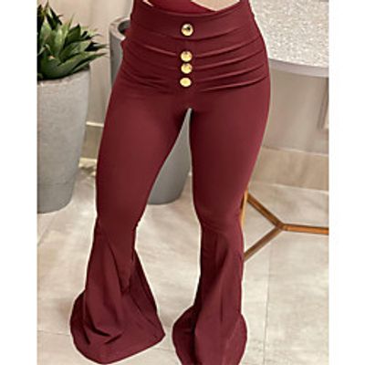 Women's Fashion Flare Wide Leg Elastic Waist Full Length Pants Casual Weekend Micro-elastic Plain Comfort Mid Waist Wine S M L XL Lightinthebox