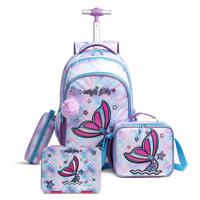 Eazy Kids 18Inch Set Of 4 Trolley School Bag With Bento Lunch Box Lunch Bag And Pencil Case - Mermaid Purple