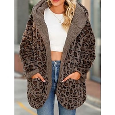 Women's Fleece Jacket Teddy Coat Heated Hoodie Jacket Winter Coat Windproof Warm Sherpa Jacket Long Sleeve Leopard Print with Pockets Brown Fall Lightinthebox