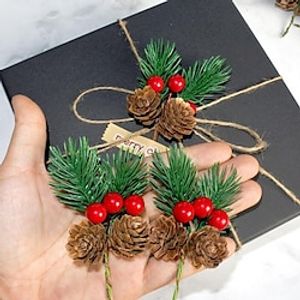 10 Pcs Christmas Decoration Artificial Pine Branches Fake Plant Flower Christmas Pine Nuts Cone Christmas decorations Pine Branches Pine Needles Red Pine Nut Pendants DIY Gift Box Accessories miniinthebox