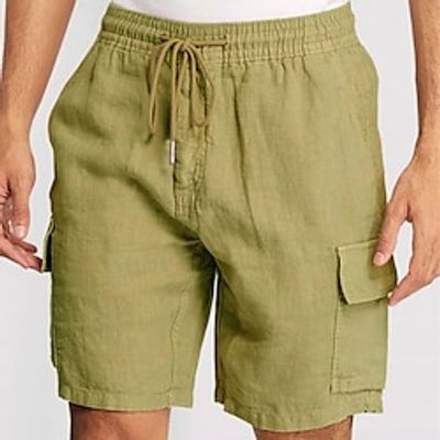 Men's Shorts Linen Shorts Summer Shorts Beach Shorts Pleated Shorts Drawstring Elastic Waist Plain Breathable Soft Short Casual Daily Holiday Linen / Cotton Blend Fashion Streetwear Light Green miniinthebox