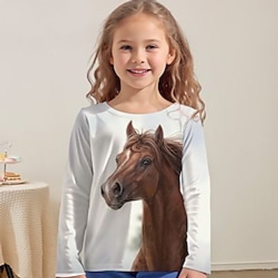 Girls' 3D Horse Tee Shirt Long Sleeve 3D Print Spring Fall Active Fashion Cute Polyester Kids 3-12 Years Crew Neck Outdoor Casual Daily Regular Fit miniinthebox
