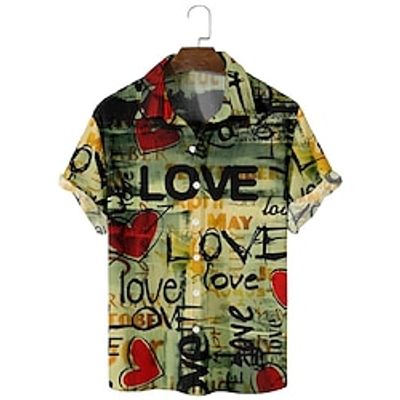 Heart LOVE Casual Men's Shirt Button Up Shirt Casual Shirt Daily Wear Date Vacation Spring  Summer Lapel Short Sleeves Green S, M, L Polyester Shirt Valentine's Day Lightinthebox
