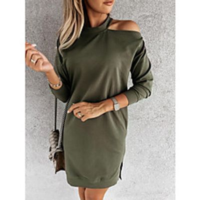 Women's Shift Dress Knee Length Dress Khaki Green Black Long Sleeve Solid Color Plus High Low Fall Winter Round Neck Elegant 2021 S M L XL XXL miniinthebox