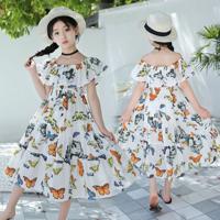 2021 new style big kids girls Korean waist floral butterfly holiday cotton dress bohemian long skirt