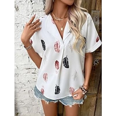 Women's Shirt Blouse Deep red Black White Feather Button Print Short Sleeve Casual Basic Shirt Collar Regular S miniinthebox