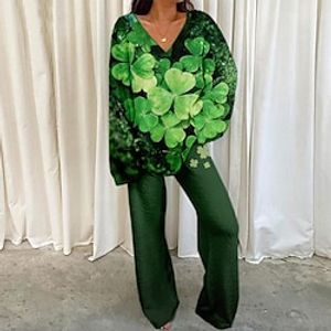 Women's T shirt Tee Pants Sets Leaves Outdoor St.Patrick's Day Casual Light Green Dark Green Lime Green Print Long Sleeve Sports Daily V Neck Regular Fit Spring   Fall Lightinthebox