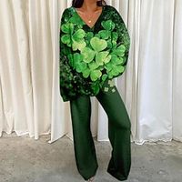 Women's T shirt Tee Pants Sets Leaves Outdoor St.Patrick's Day Casual Light Green Dark Green Lime Green Print Long Sleeve Sports Daily V Neck Regular Fit Spring   Fall Lightinthebox - thumbnail