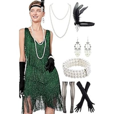 Retro Vintage Roaring 20s 1920s Flapper Dress Outfits Accessories Set The Great Gatsby Women's Sequins Tassel Fringe Cosplay Costume Halloween Carnival Party / Evening Party / Cocktail Dress miniinthebox