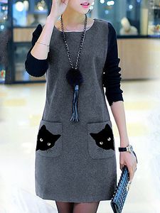 Round Neck Patch Pocket Animal Printed Color Block Shift Dress