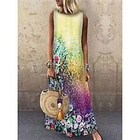 Women's Shift Dress Maxi long Dress Yellow Sleeveless Floral Print Print Spring Summer Round Neck Casual 2021 S M L XL XXL 3XL Lightinthebox - thumbnail