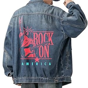Funny Statue Of Liberty Casual Men's Coat Denim Jacket Sports  Outdoor Going out Weekend Fall  Winter Turndown Long Sleeve Black Blue M L XL Denim Jacket Lightinthebox
