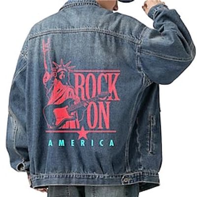 Funny Statue Of Liberty Casual Men's Coat Denim Jacket Sports  Outdoor Going out Weekend Fall  Winter Turndown Long Sleeve Black Blue M L XL Denim Jacket Lightinthebox