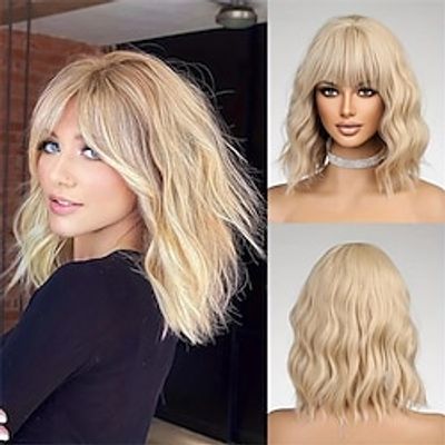 14 Inch Shoudler Length Curly Wavy Hair Wigs With Bangs Synthetic Wavy Hair Wigs For Women Gilrs For Daily Party Halloween Use Christmas Party Wigs Lightinthebox