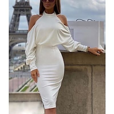 Women's Sheath Dress White Long Sleeve Backless Winter Fall Autumn Halter Neck Winter Dress Fall Dress Slim S M L XL Lightinthebox