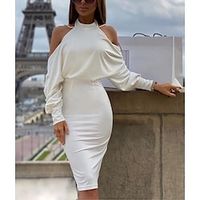 Women's Sheath Dress White Long Sleeve Backless Winter Fall Autumn Halter Neck Winter Dress Fall Dress Slim S M L XL Lightinthebox - thumbnail